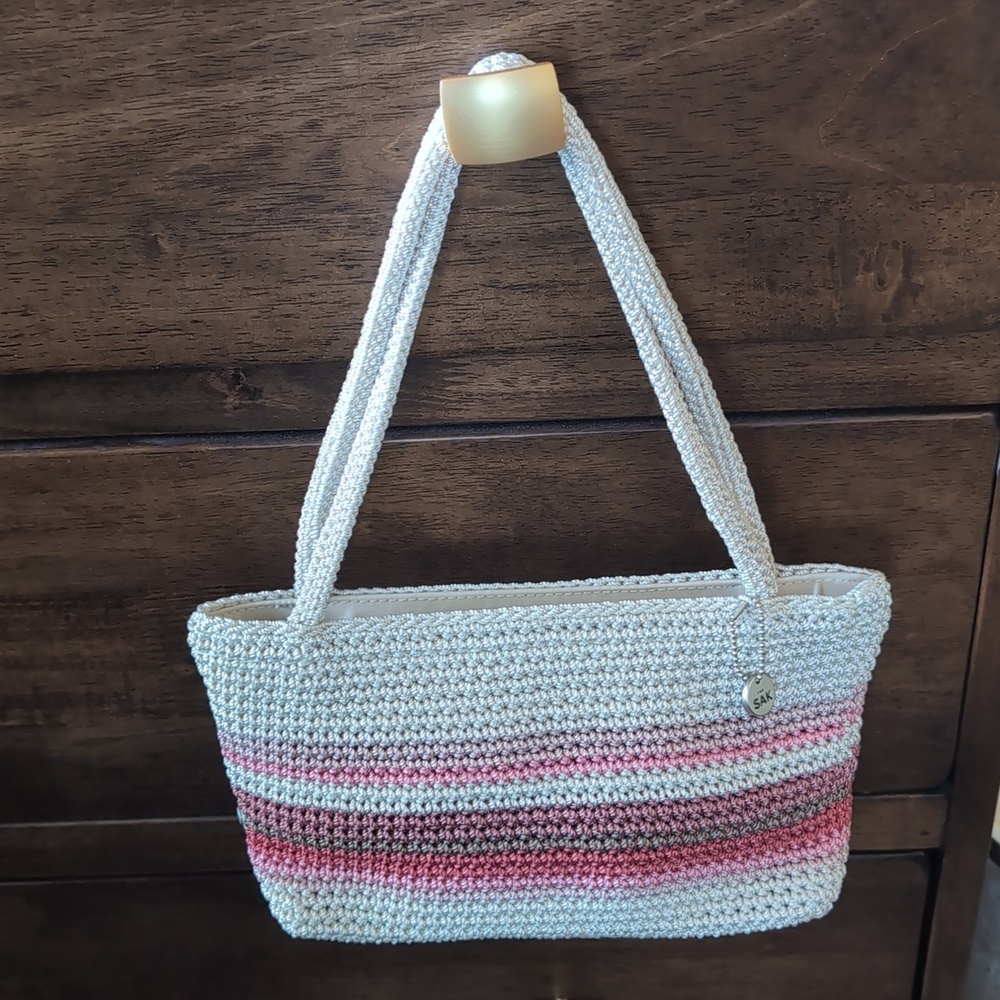 The Sak Crochet Mini Tote Shoulder Bag in Beige/ Pink Stripes NWOT